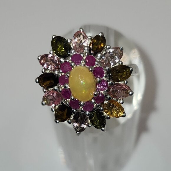 .925 Sterling Silver Fire Opal/Ruby/Tourmaline Floral Ring Size 9.5 Value $665 - Picture 1 of 6